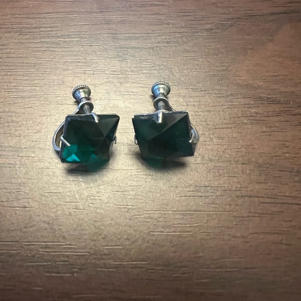 Emerald Cut, Green Rhinestone Screw Back Earrings